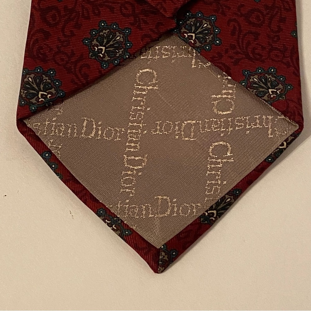 CHRISTIAN DIOR MENS TIE DARK RED SCROLLS BLUE SILK ACCESSORY DESIGNER LUXURY USA - Picture 6 of 7